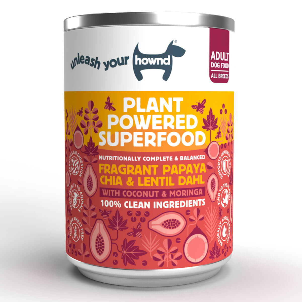 Hypoallergenic Vegan Fragrant Papaya Chia & Lentil Dahl With Coconut & Moringa Dog Food (400g) - Hownd, front of can